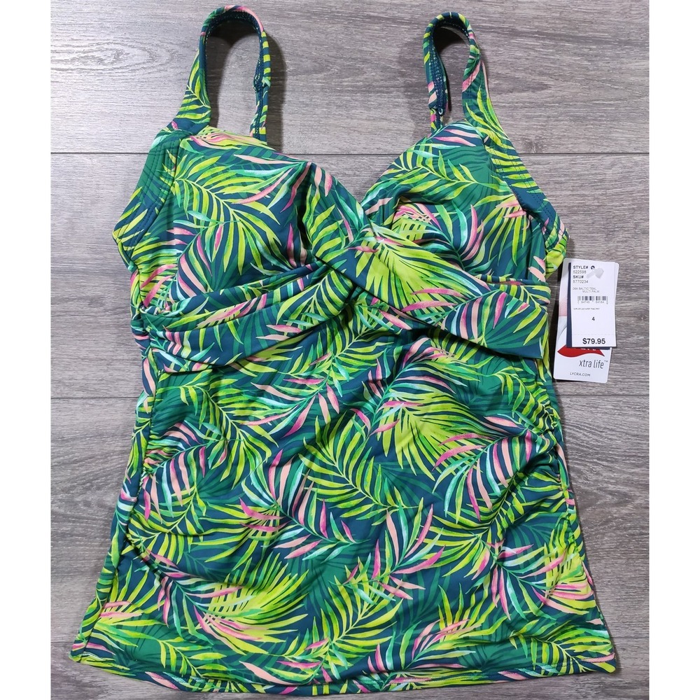 Lands End Tankini Swim Top Womens 4 Green Floral Underwire Wrap Baltic Teal Palm